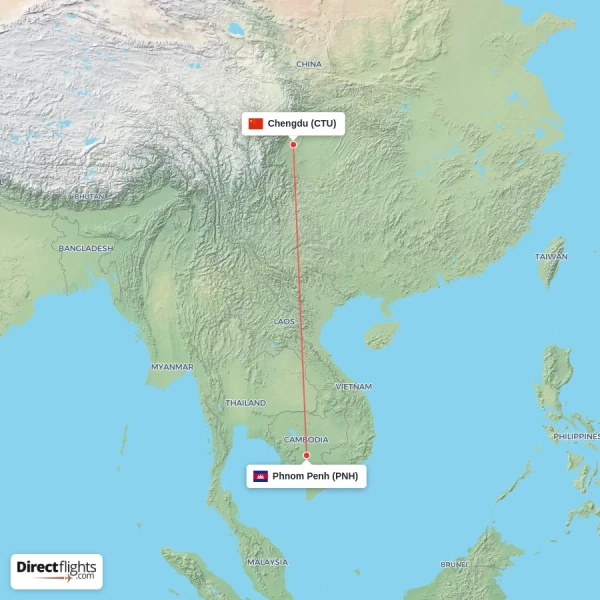 Phnom Penh - Chengdu direct flight map