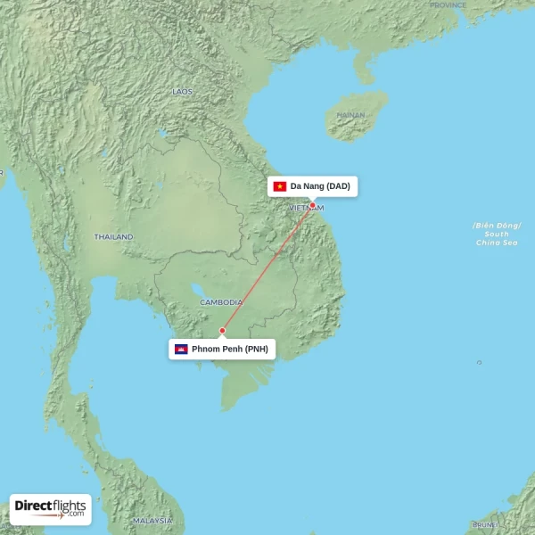 Phnom Penh - Da Nang direct flight map