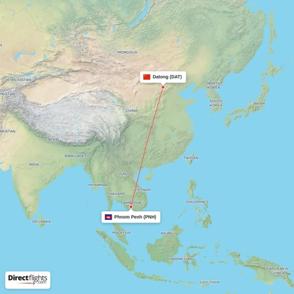 Phnom Penh - Datong direct flight map