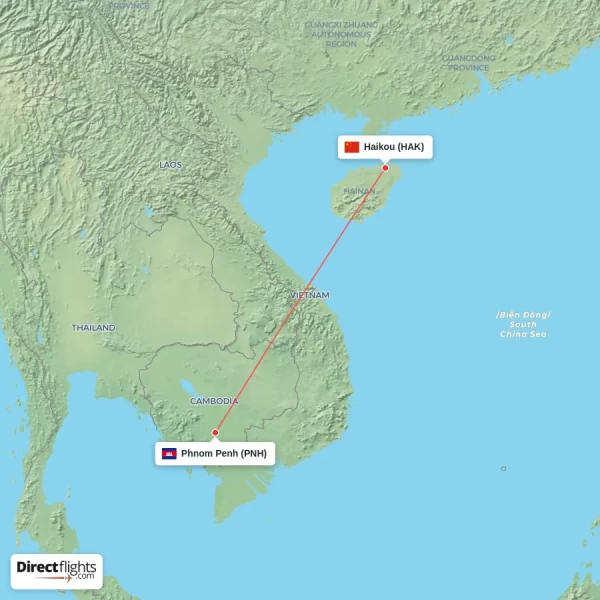 Phnom Penh - Haikou direct flight map