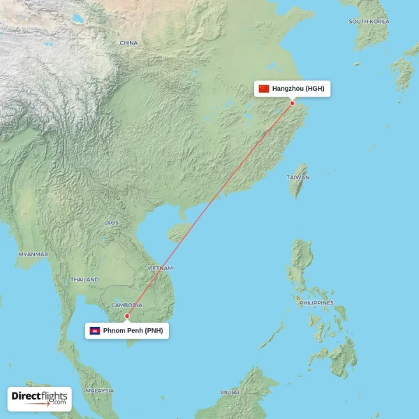 Phnom Penh - Hangzhou direct flight map