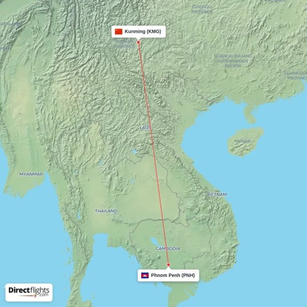 Phnom Penh - Kunming direct flight map