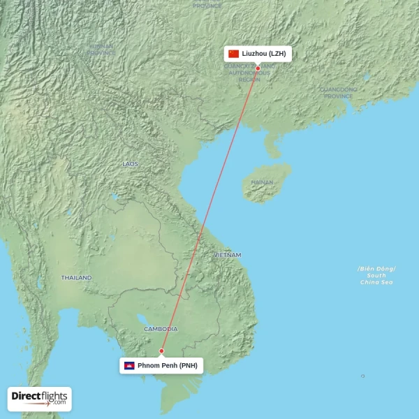 Phnom Penh - Liuzhou direct flight map