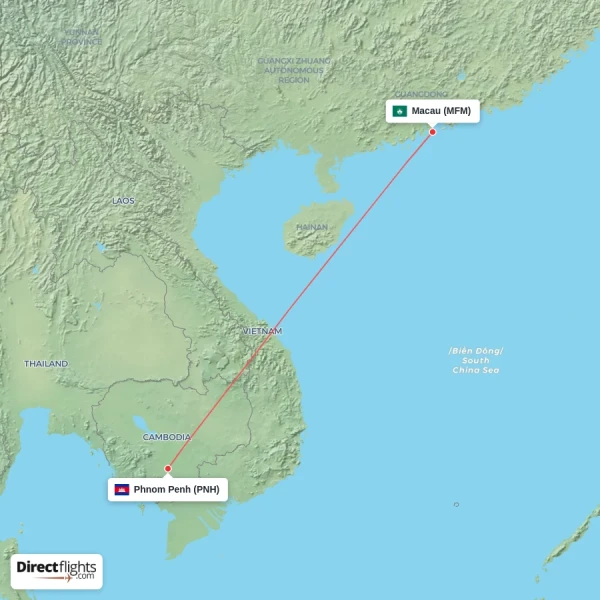 Phnom Penh - Macau direct flight map