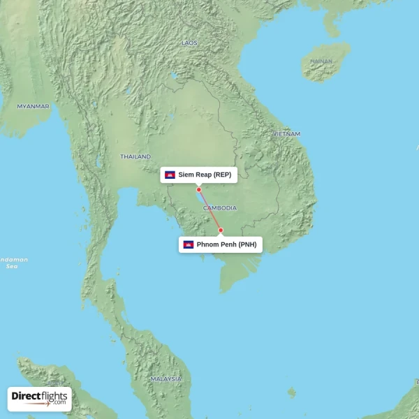 Phnom Penh - Siem Reap direct flight map