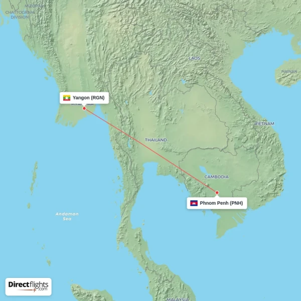 Phnom Penh - Yangon direct flight map
