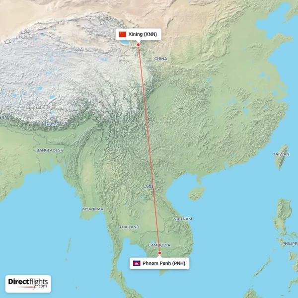 Phnom Penh - Xining direct flight map