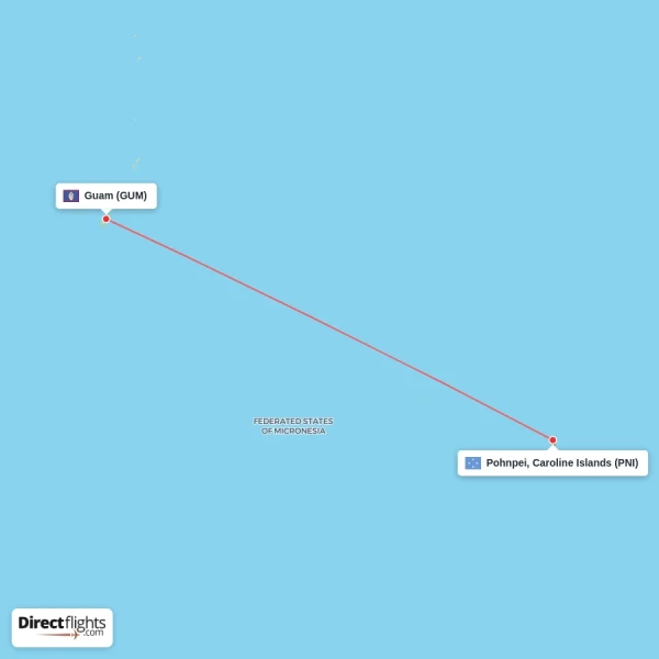Pohnpei, Caroline Islands - Guam direct flight map