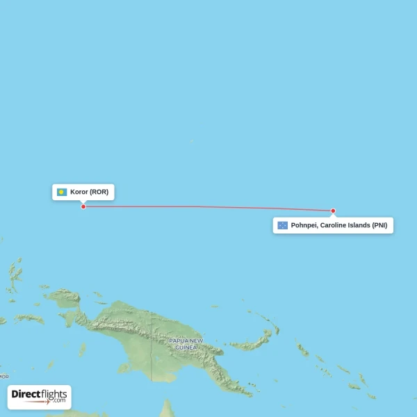 Pohnpei, Caroline Islands - Koror direct flight map