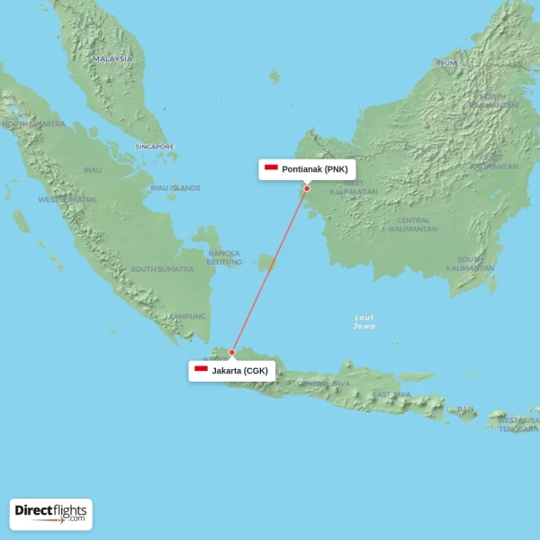 Pontianak - Jakarta direct flight map