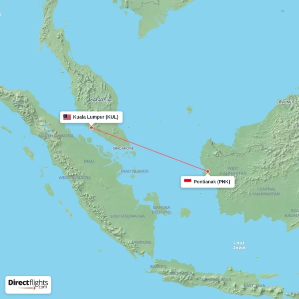Pontianak - Kuala Lumpur direct flight map