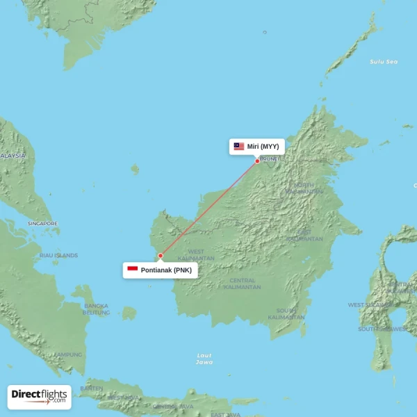 Pontianak - Miri direct flight map