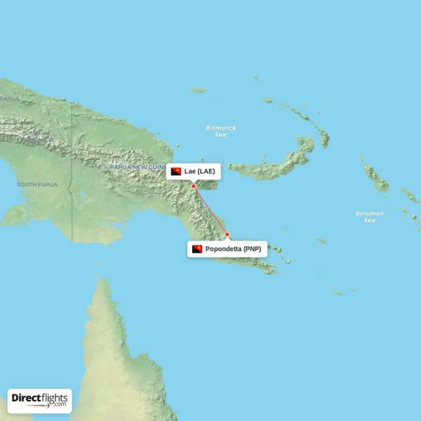 Popondetta - Lae direct flight map