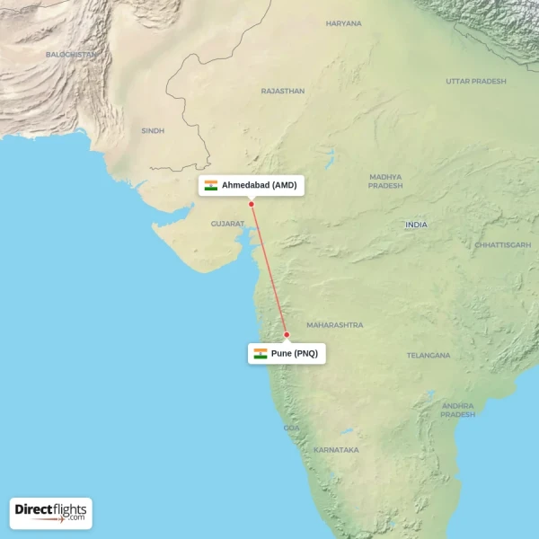 Pune - Ahmedabad direct flight map