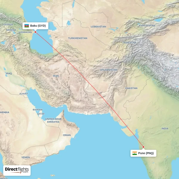 Pune - Baku direct flight map