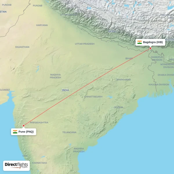Pune - Bagdogra direct flight map