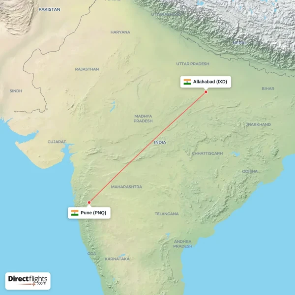 Pune - Allahabad direct flight map