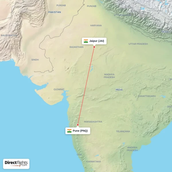 Pune - Jaipur direct flight map
