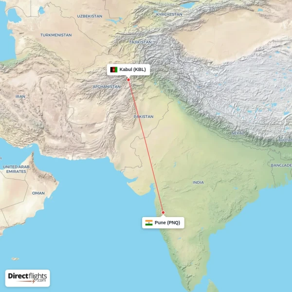 Pune - Kabul direct flight map