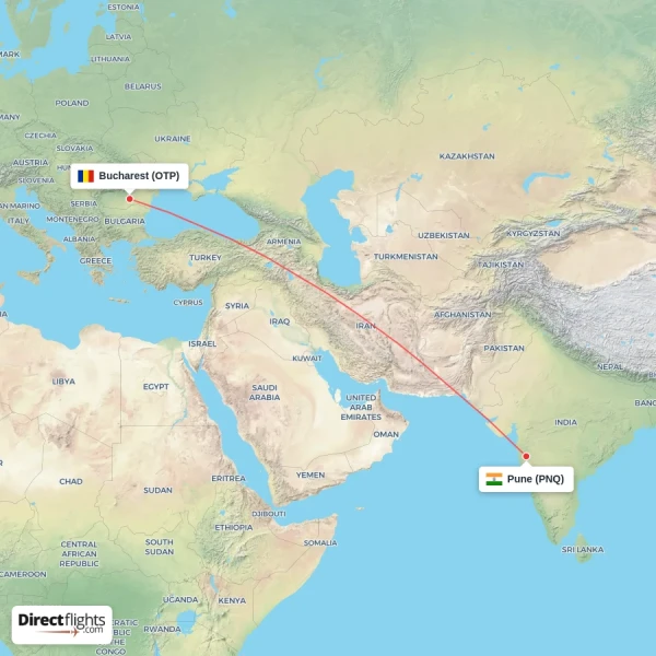 Pune - Bucharest direct flight map