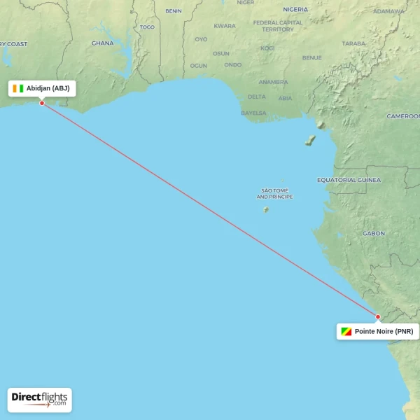 Pointe Noire - Abidjan direct flight map