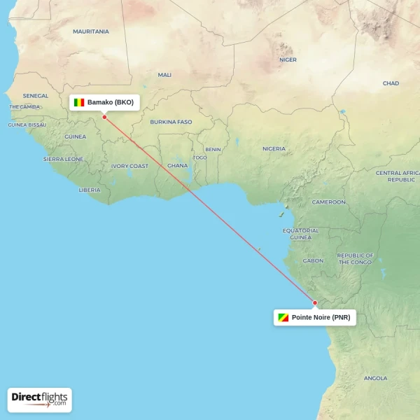 Pointe Noire - Bamako direct flight map