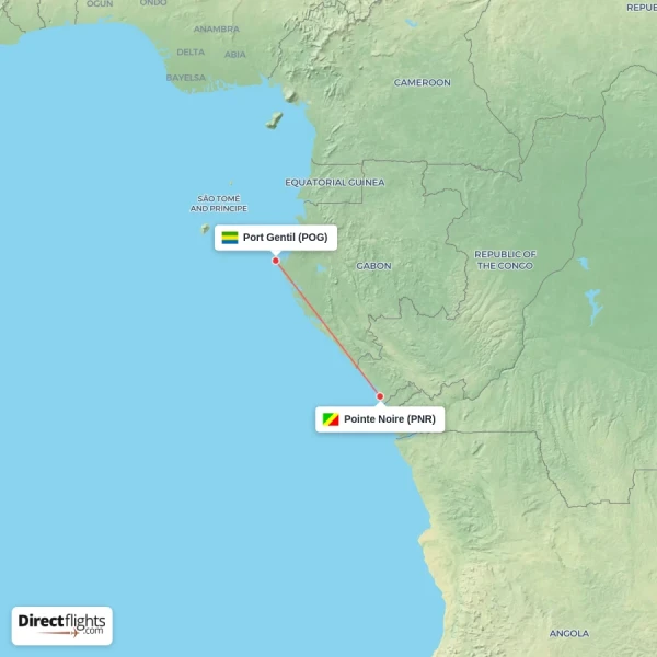 Pointe Noire - Port Gentil direct flight map