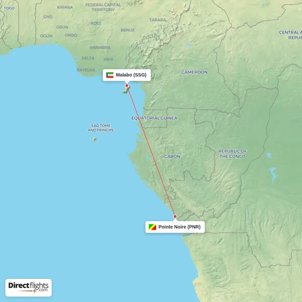 Pointe Noire - Malabo direct flight map