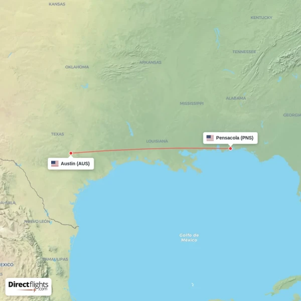 Pensacola - Austin direct flight map