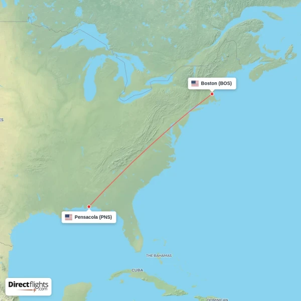 Pensacola - Boston direct flight map