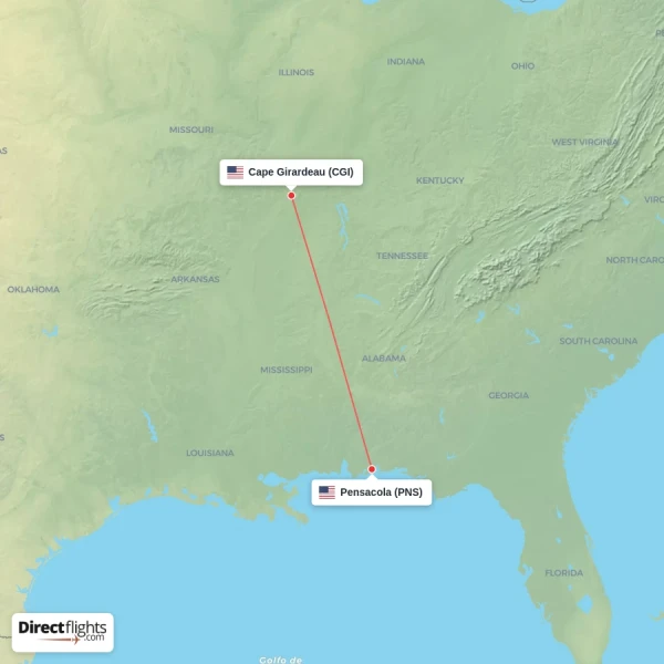 Pensacola - Cape Girardeau direct flight map