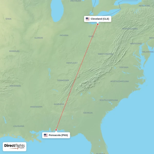 Pensacola - Cleveland direct flight map