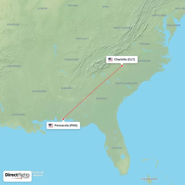 Pensacola - Charlotte direct flight map