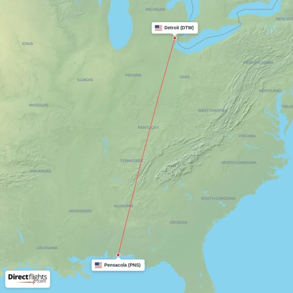Pensacola - Detroit direct flight map