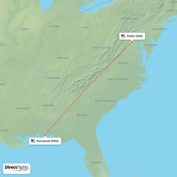 Pensacola - Dulles direct flight map