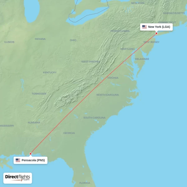 Pensacola - New York direct flight map
