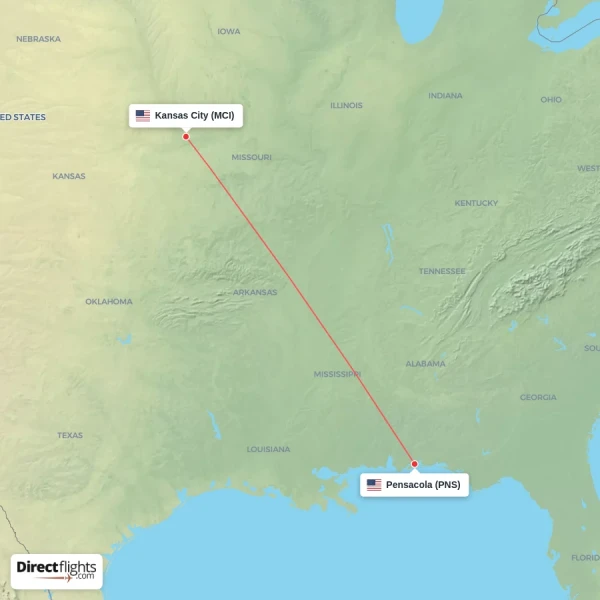 Pensacola - Kansas City direct flight map