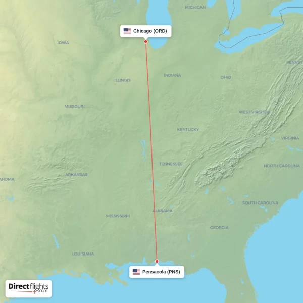 Pensacola - Chicago direct flight map