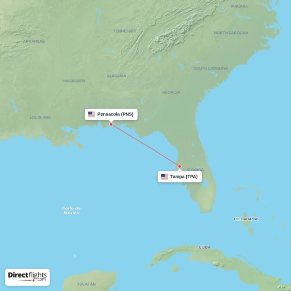 Pensacola - Tampa direct flight map