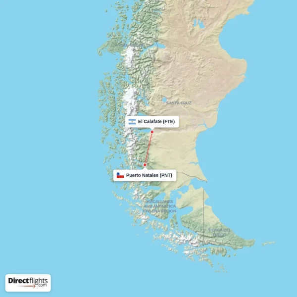 Puerto Natales - El Calafate direct flight map