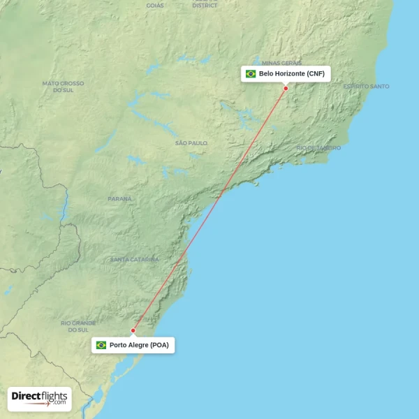 Porto Alegre - Belo Horizonte direct flight map