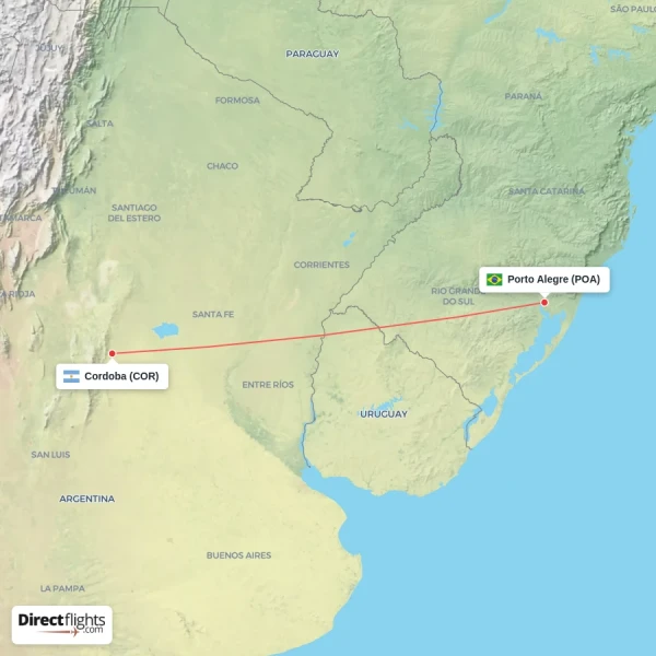Porto Alegre - Cordoba direct flight map