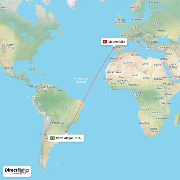 Porto Alegre - Lisbon direct flight map