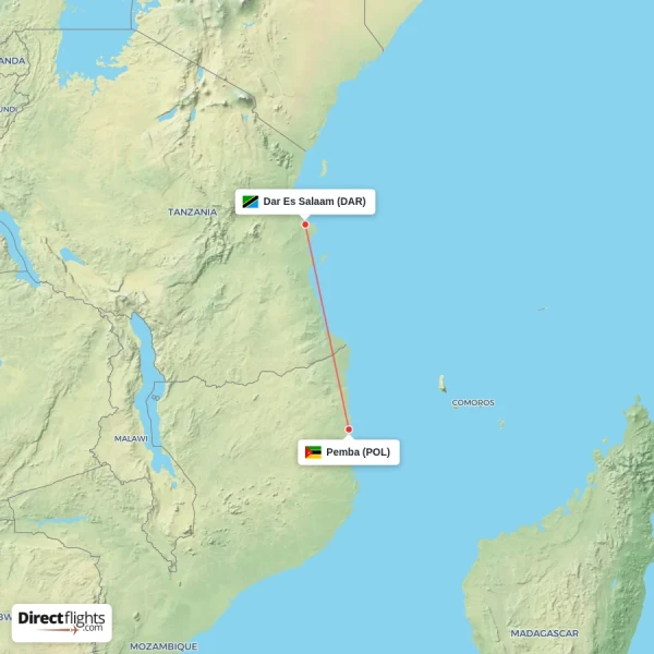 Pemba - Dar Es Salaam direct flight map