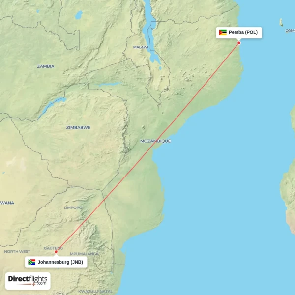 Pemba - Johannesburg direct flight map