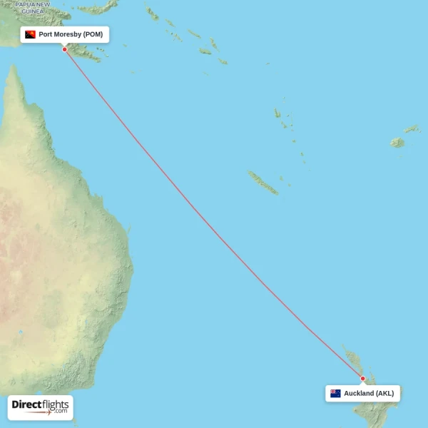 Port Moresby - Auckland direct flight map