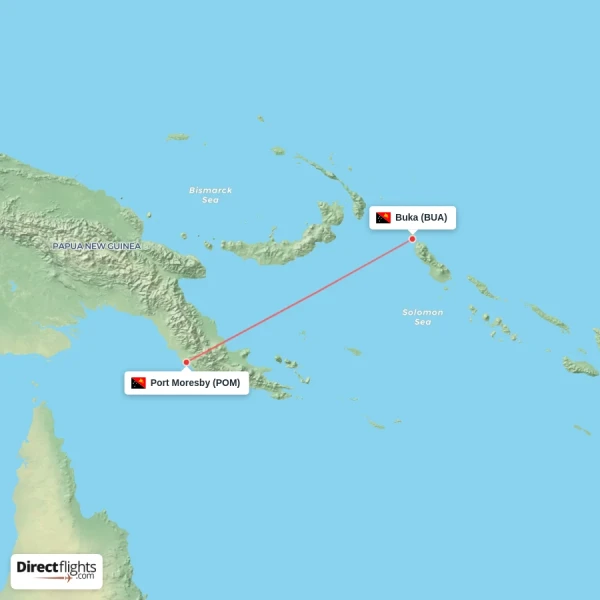 Port Moresby - Buka direct flight map
