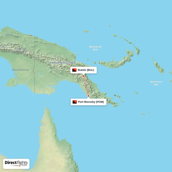 Port Moresby - Bulolo direct flight map