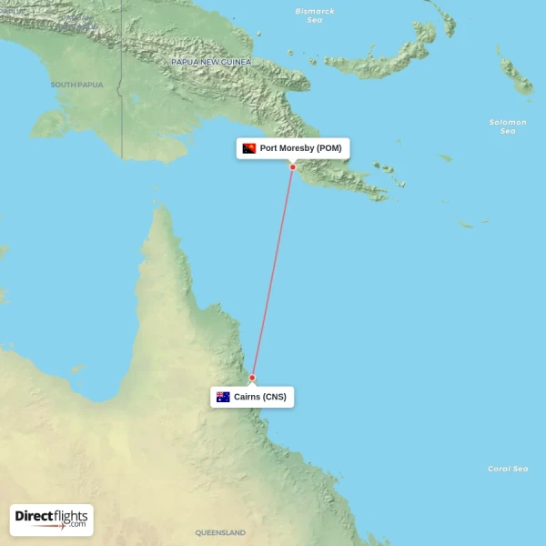 Port Moresby - Cairns direct flight map