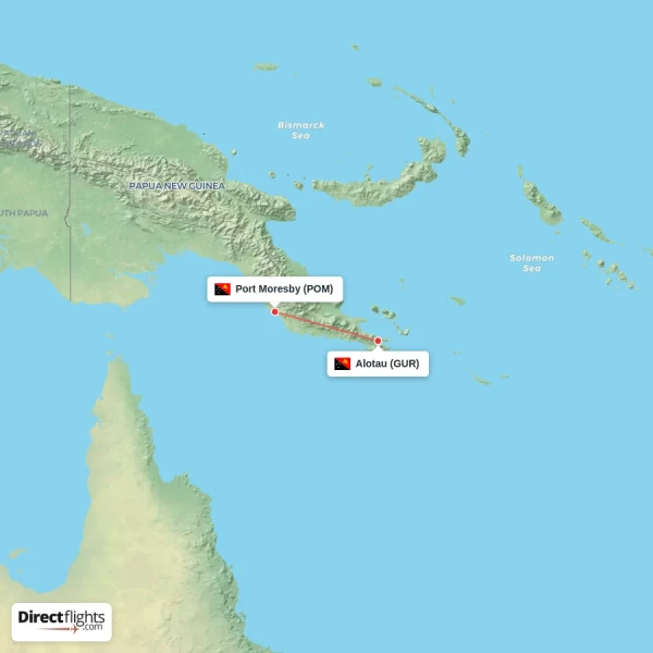 Port Moresby - Alotau direct flight map